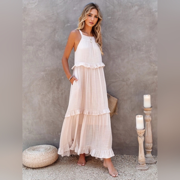 Ruffled Sleeveless Tiered Maxi Dress with Pockets - Picture 1 of 5